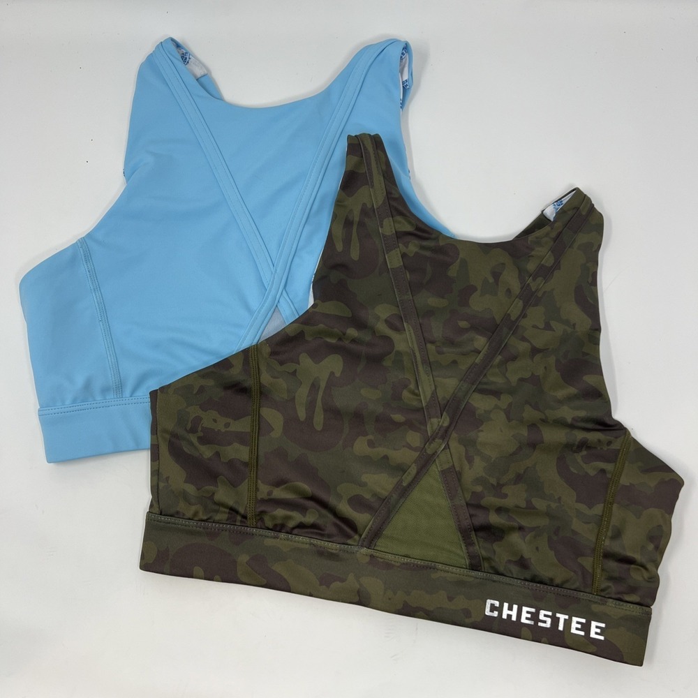 LOT of 2 Chestee Sports Bra Size 8 Mesh Inset Camo Blue Weight Lifting Workout